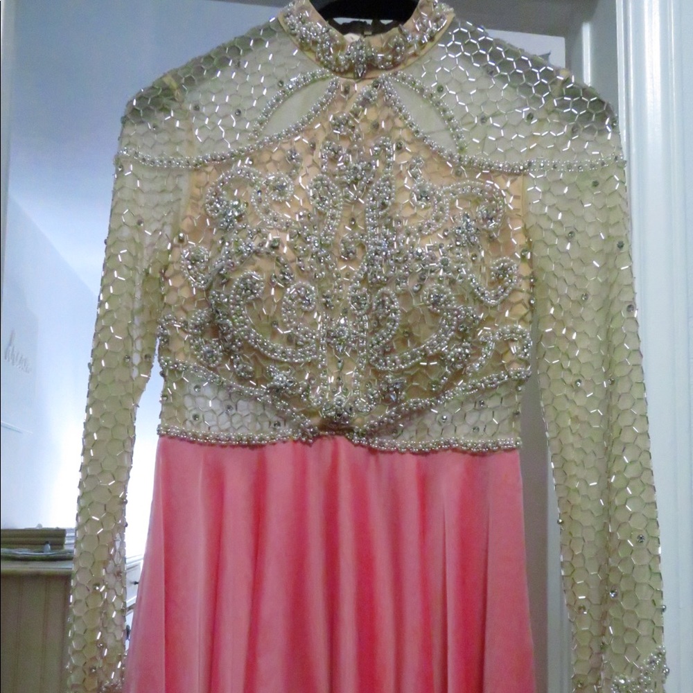 Ashley Lauren Long Sleeve Beaded Nude Coral Gown